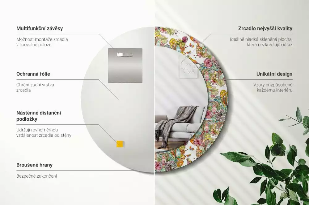 Ronde spiegel met bedrukte lijst Sprookjesachtige bloemen