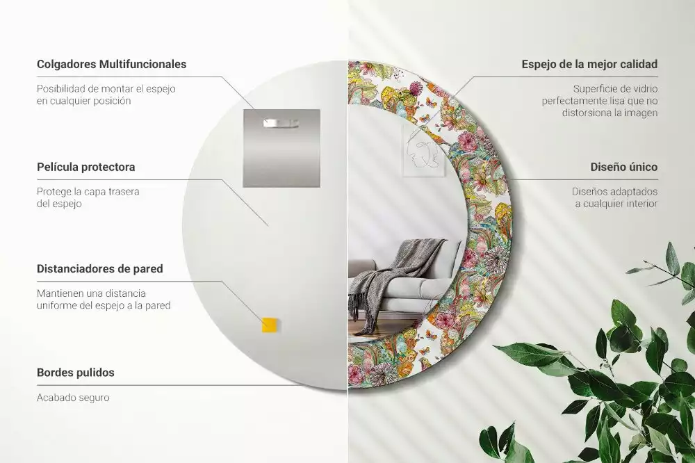 Ronde spiegel met bedrukte lijst Sprookjesachtige bloemen