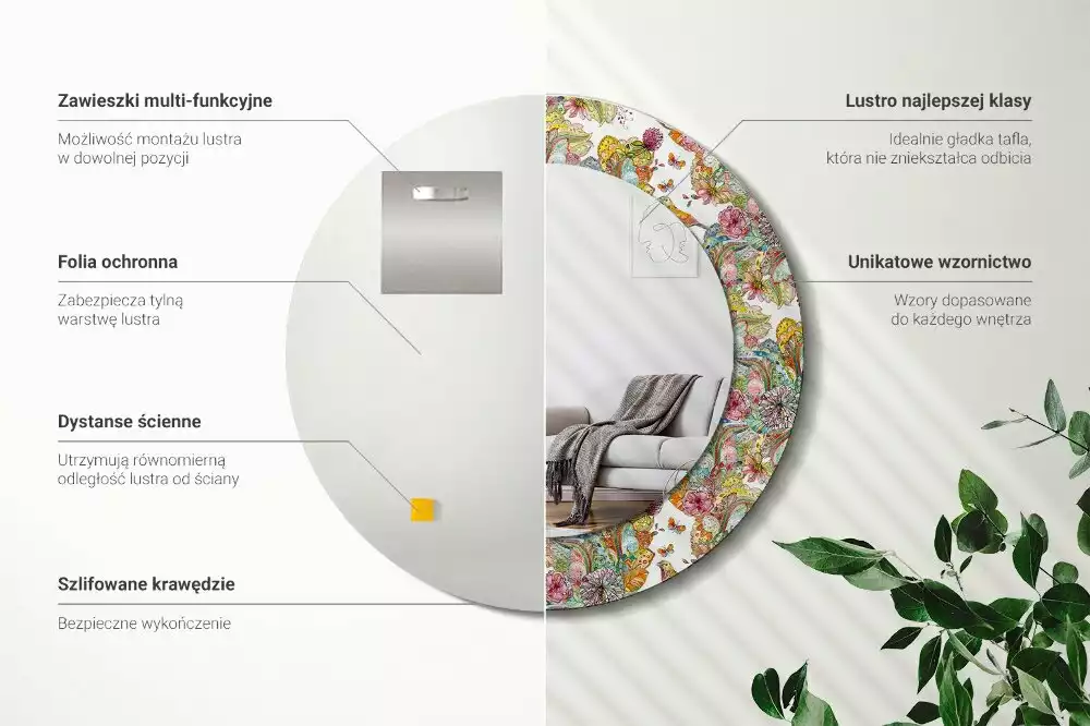 Ronde spiegel met bedrukte lijst Sprookjesachtige bloemen