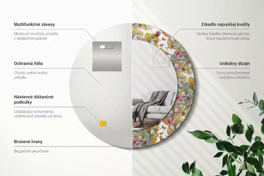 Ronde spiegel met bedrukte lijst Sprookjesachtige bloemen