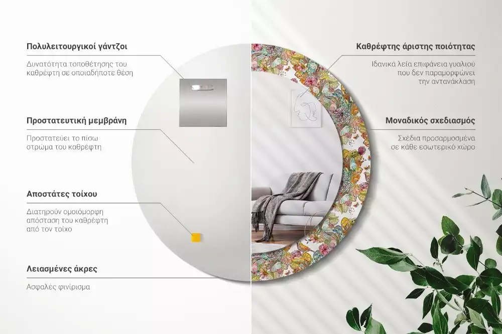 Ronde spiegel met bedrukte lijst Sprookjesachtige bloemen