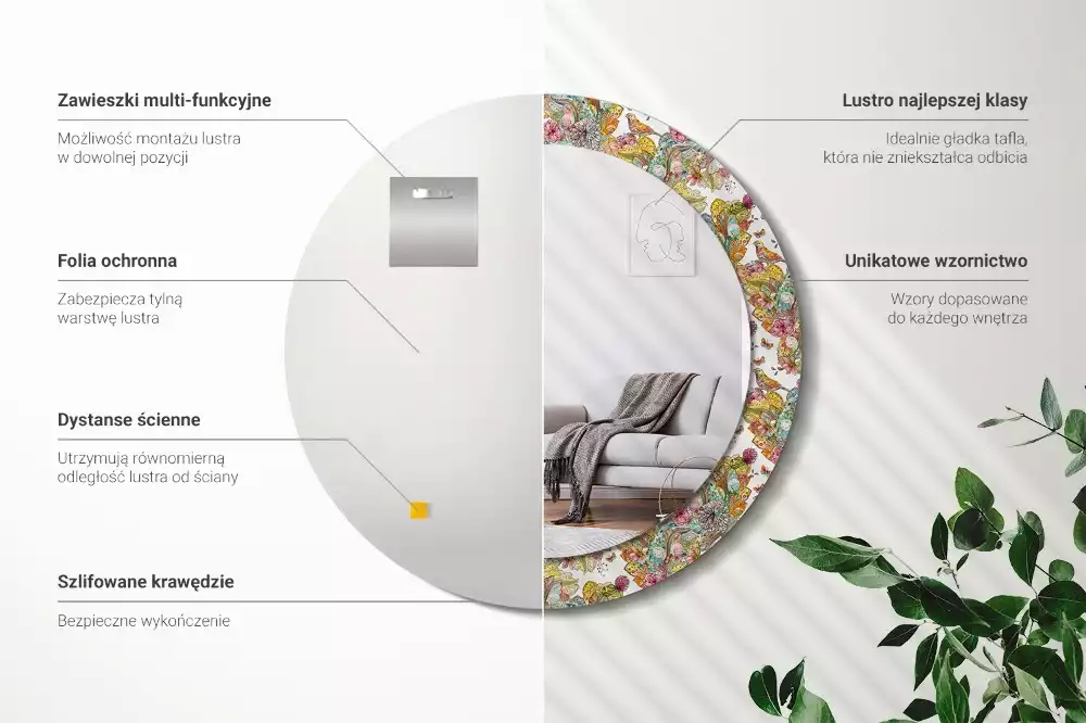 Ronde spiegel met bedrukte lijst Sprookjesachtige bloemen