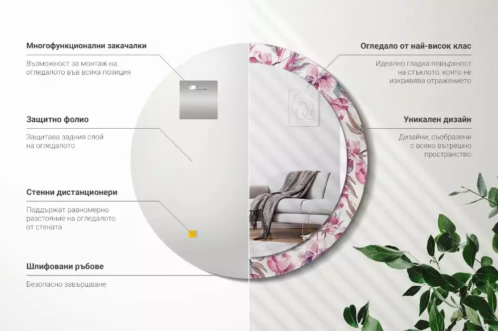 Ronde spiegel met decoratie Pioenrozen bloemen