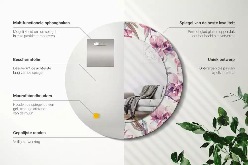 Ronde spiegel met decoratie Pioenrozen bloemen