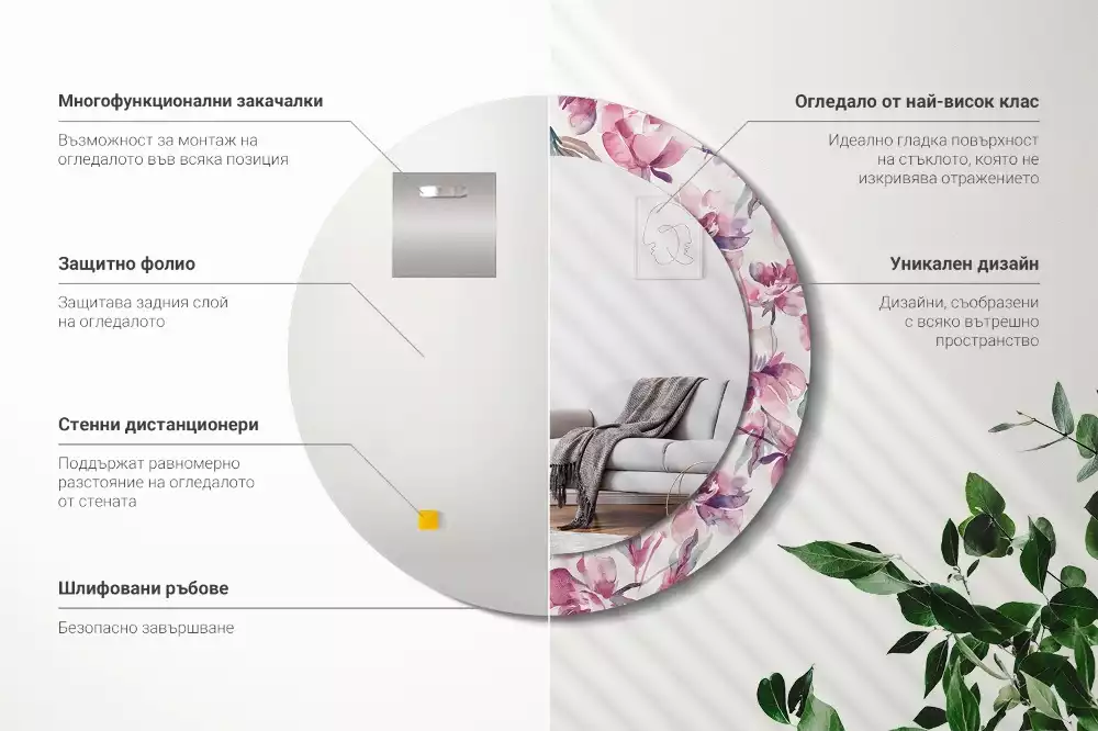 Ronde spiegel met decoratie Pioenrozen bloemen