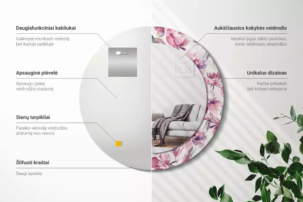 Ronde spiegel met decoratie Pioenrozen bloemen