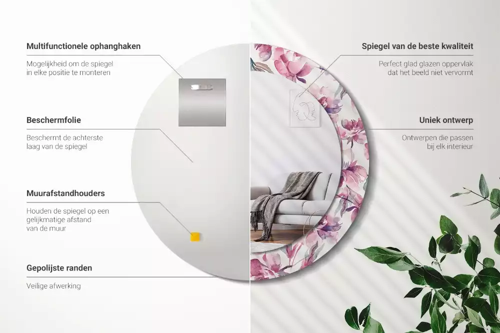 Ronde spiegel met decoratie Pioenrozen bloemen