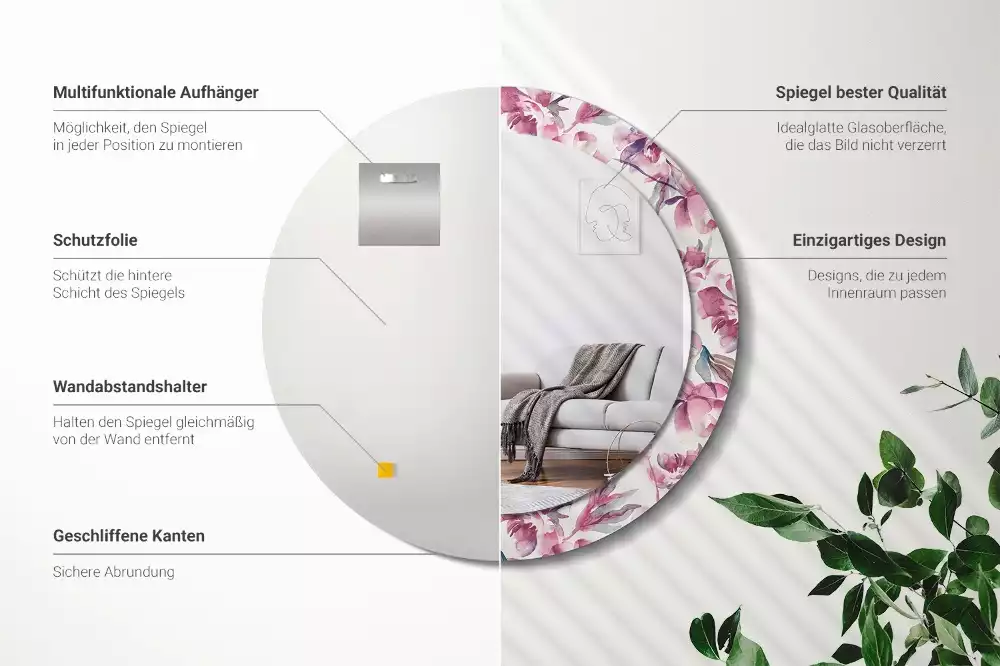 Ronde spiegel met decoratie Pioenrozen bloemen