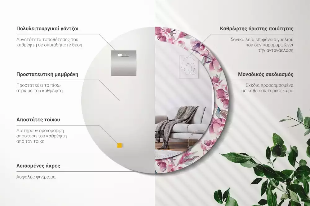 Ronde spiegel met decoratie Pioenrozen bloemen