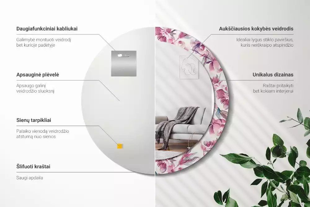 Ronde spiegel met decoratie Pioenrozen bloemen