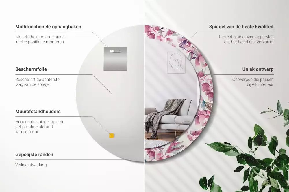 Ronde spiegel met decoratie Pioenrozen bloemen