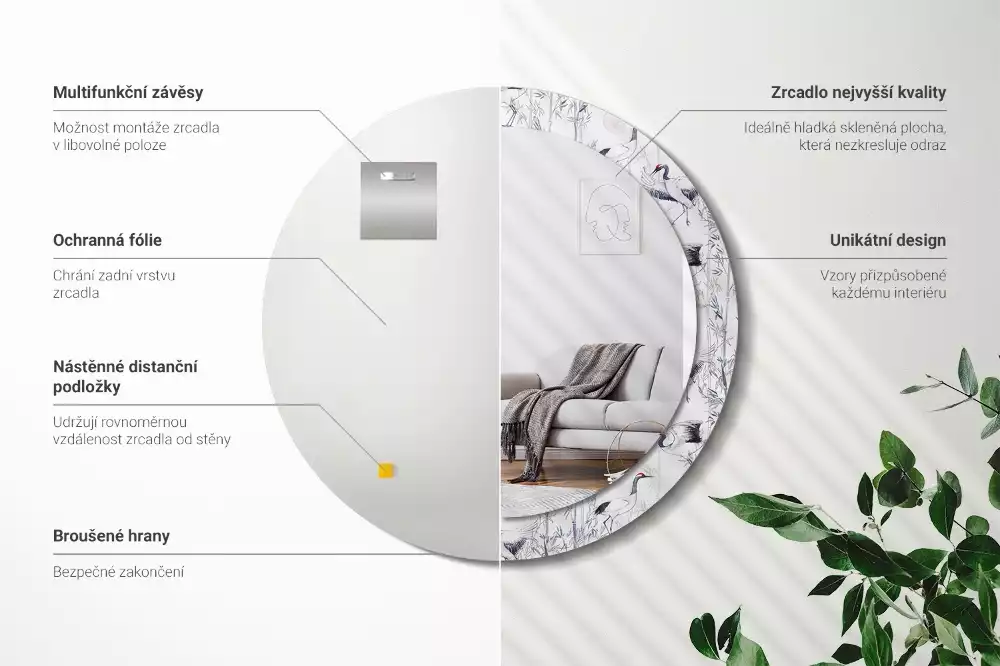 Ronde spiegel met decoratie Kraanvogels