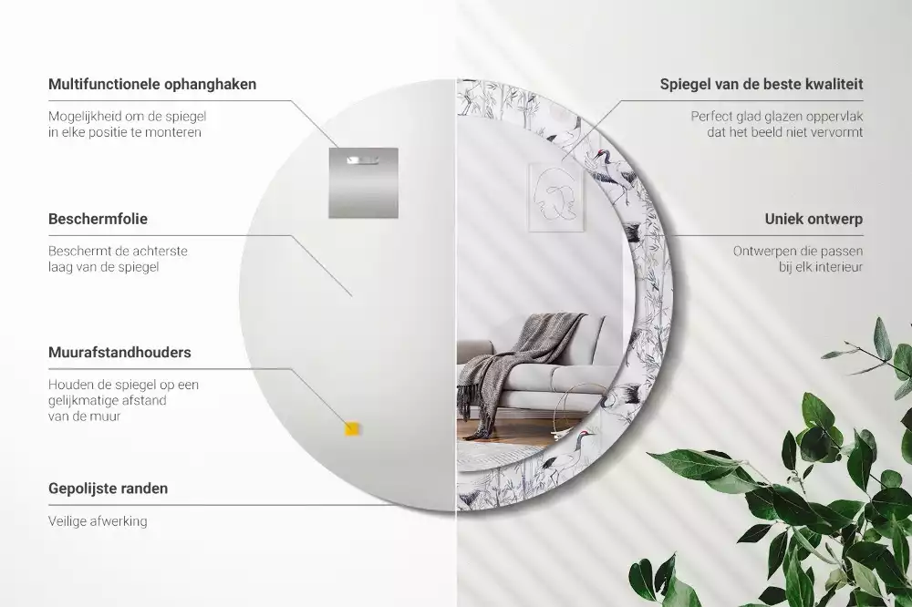 Ronde spiegel met decoratie Kraanvogels