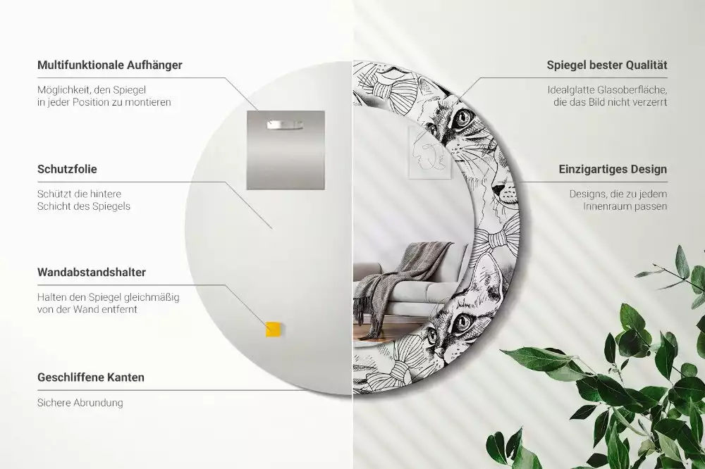 Ronde spiegel met bedrukte lijst Katten