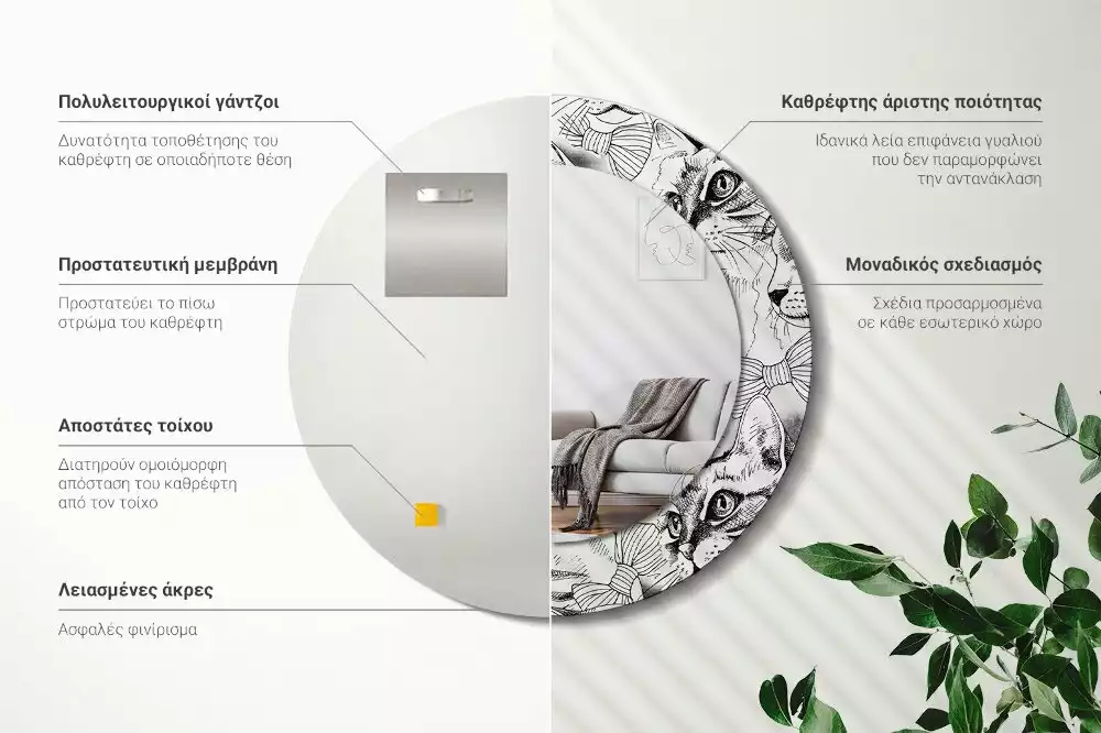 Ronde spiegel met bedrukte lijst Katten