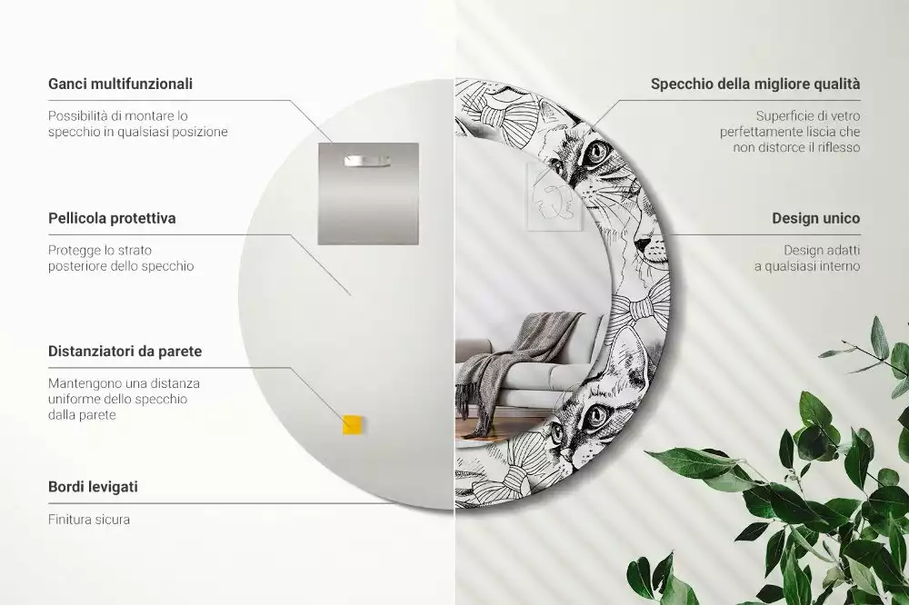 Ronde spiegel met bedrukte lijst Katten