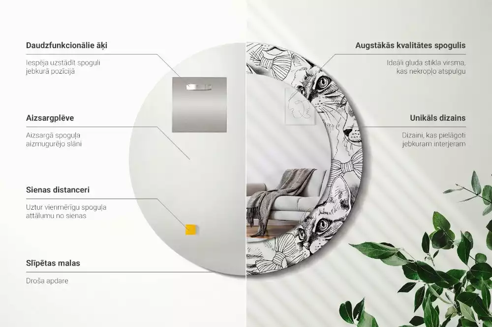 Ronde spiegel met bedrukte lijst Katten