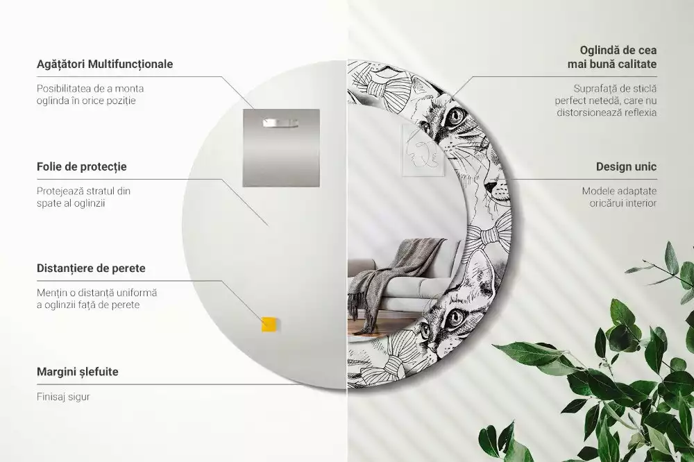 Ronde spiegel met bedrukte lijst Katten