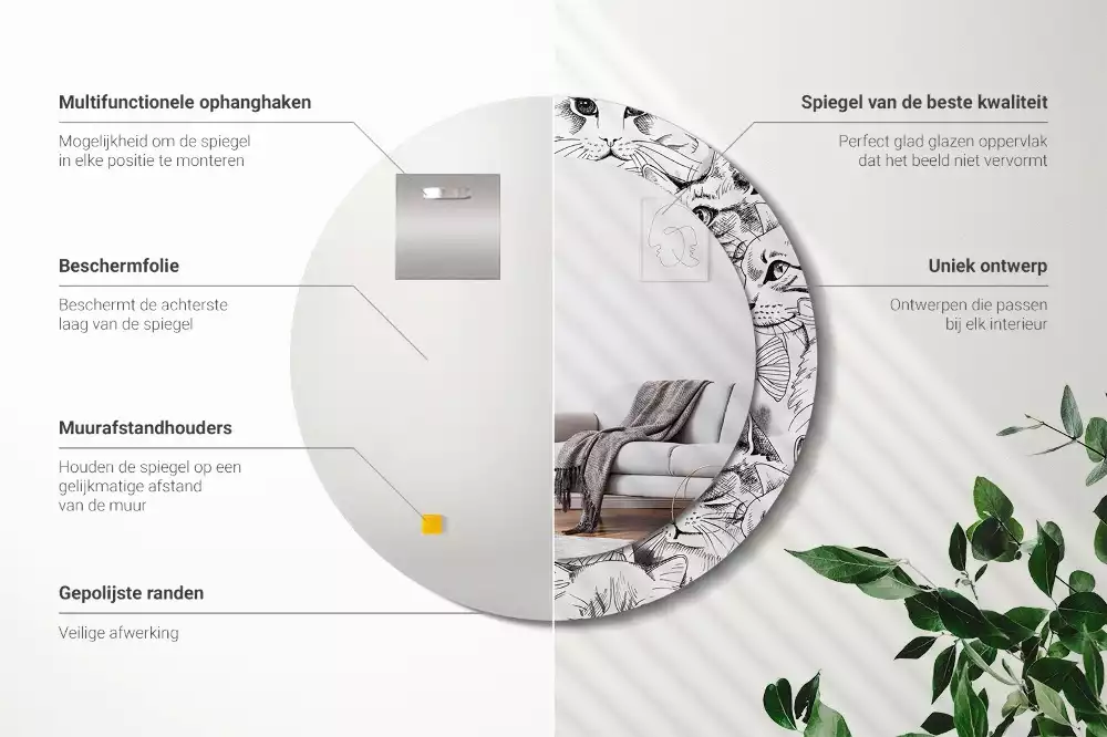 Ronde spiegel met bedrukte lijst Katten