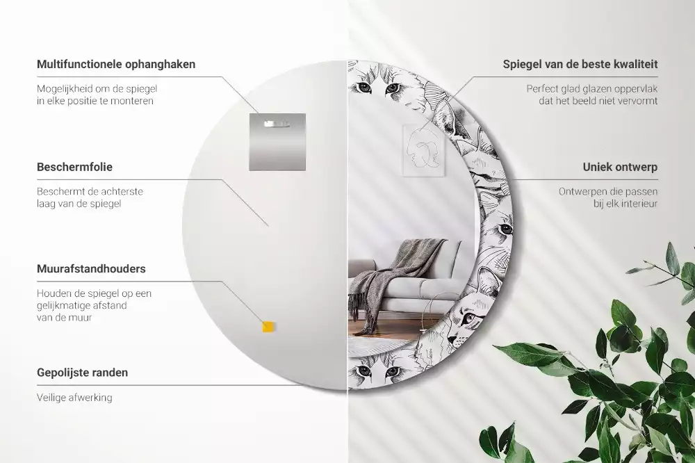 Ronde spiegel met bedrukte lijst Katten