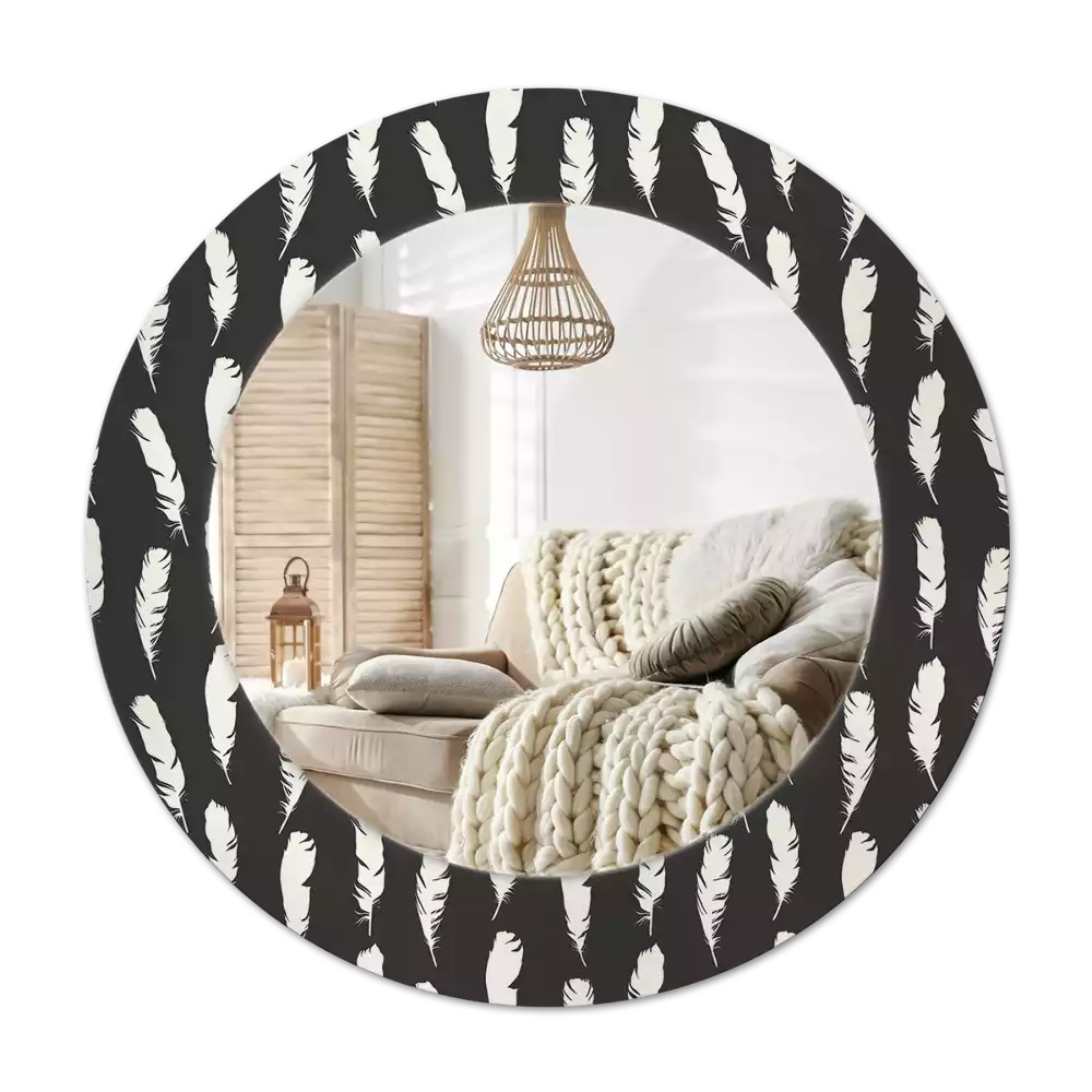 Ronde spiegel met decoratie Zwart-witte veren