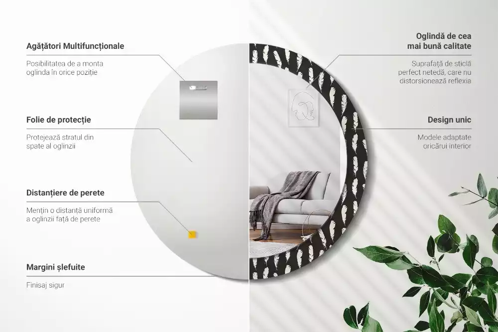 Ronde spiegel met decoratie Zwart-witte veren