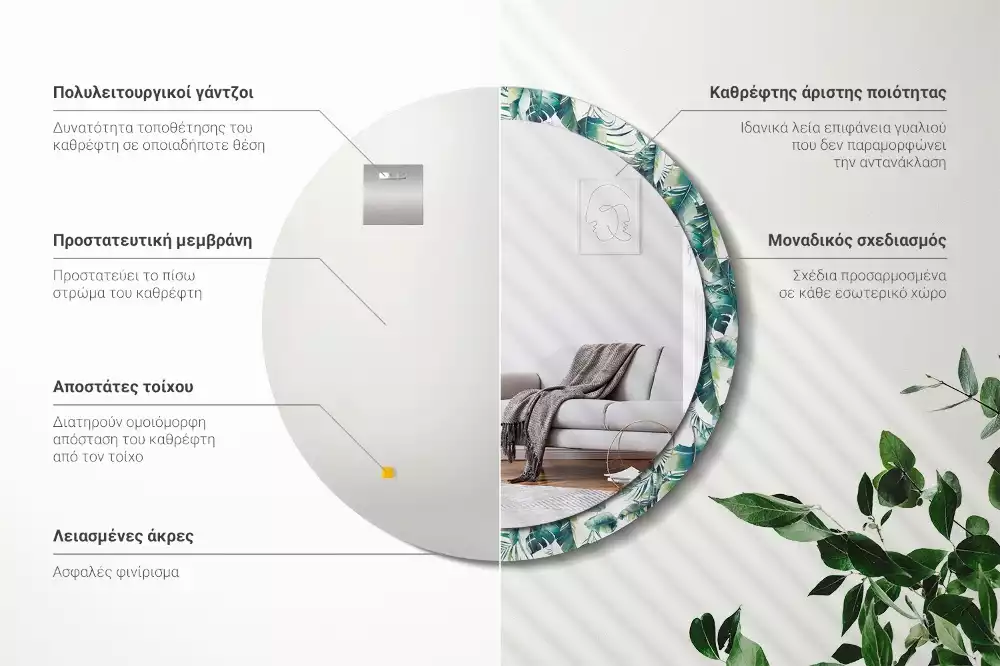 Ronde spiegel met decoratie Zwart-witte veren