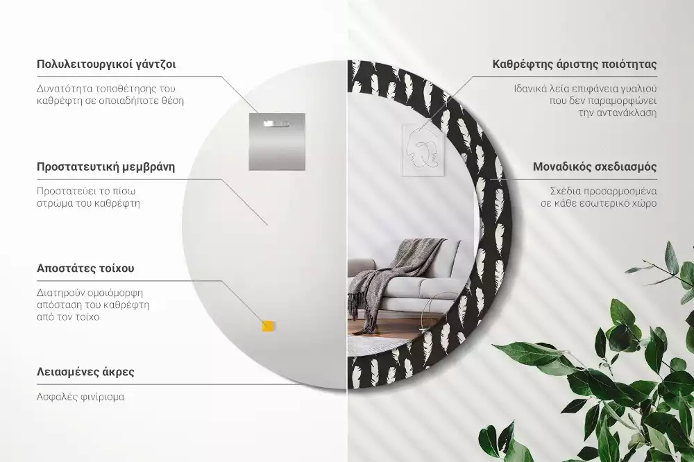 Ronde spiegel met decoratie Zwart-witte veren