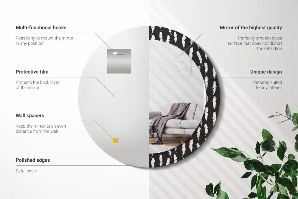 Ronde spiegel met decoratie Zwart-witte veren