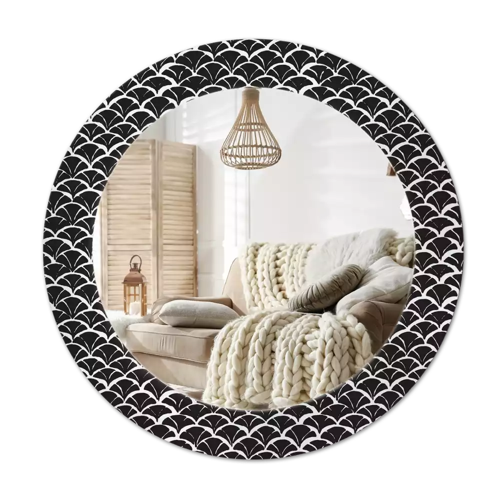 Ronde spiegel met bedrukte lijst Oosterse schalen