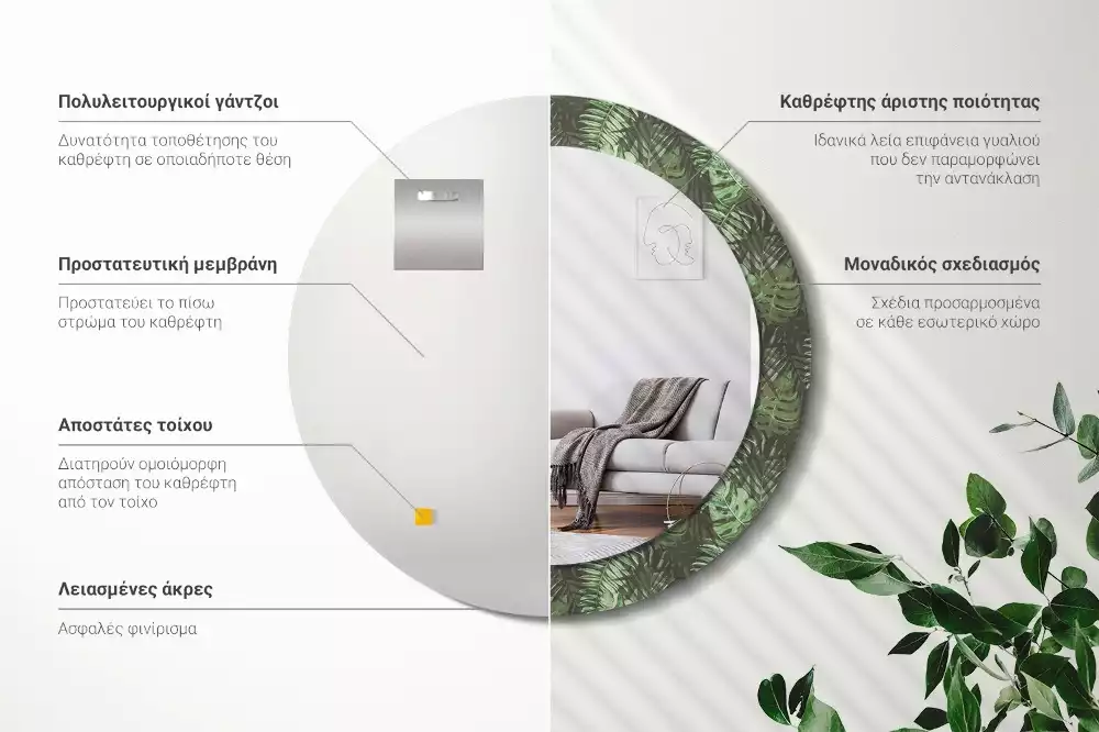 Ronde spiegel met bedrukte lijst Tropische bladeren