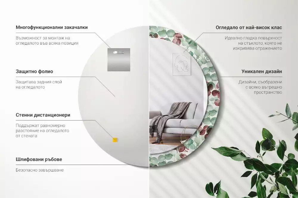 Ronde spiegel met bedrukte lijst Eucalyptus