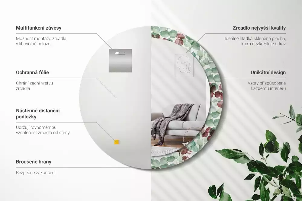 Ronde spiegel met bedrukte lijst Eucalyptus