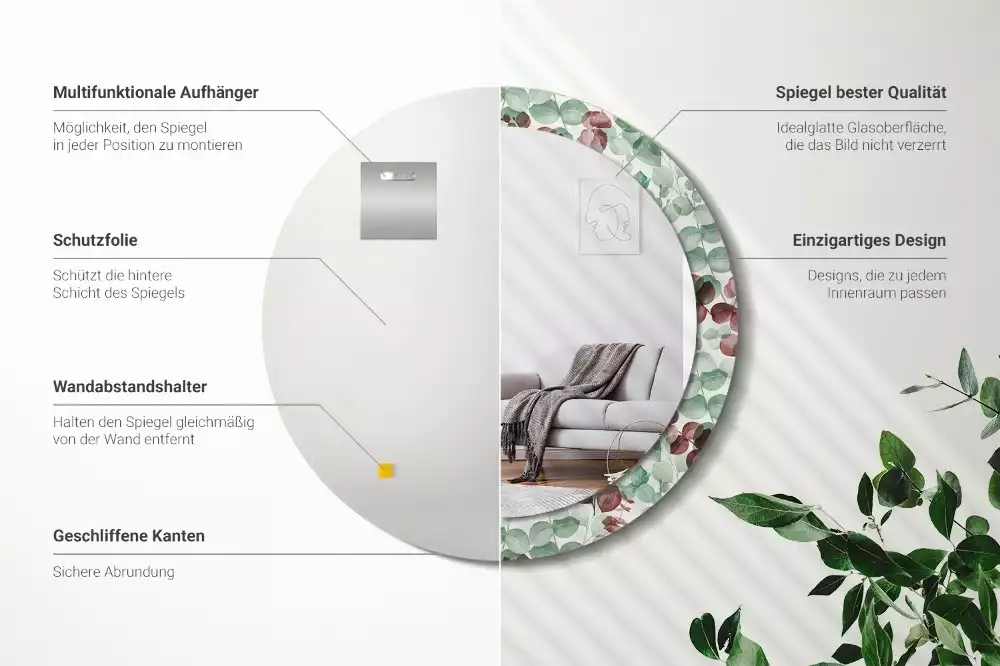 Ronde spiegel met bedrukte lijst Eucalyptus