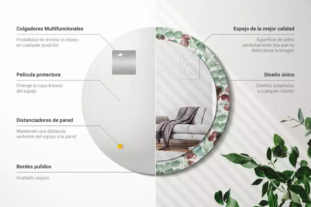 Ronde spiegel met bedrukte lijst Eucalyptus