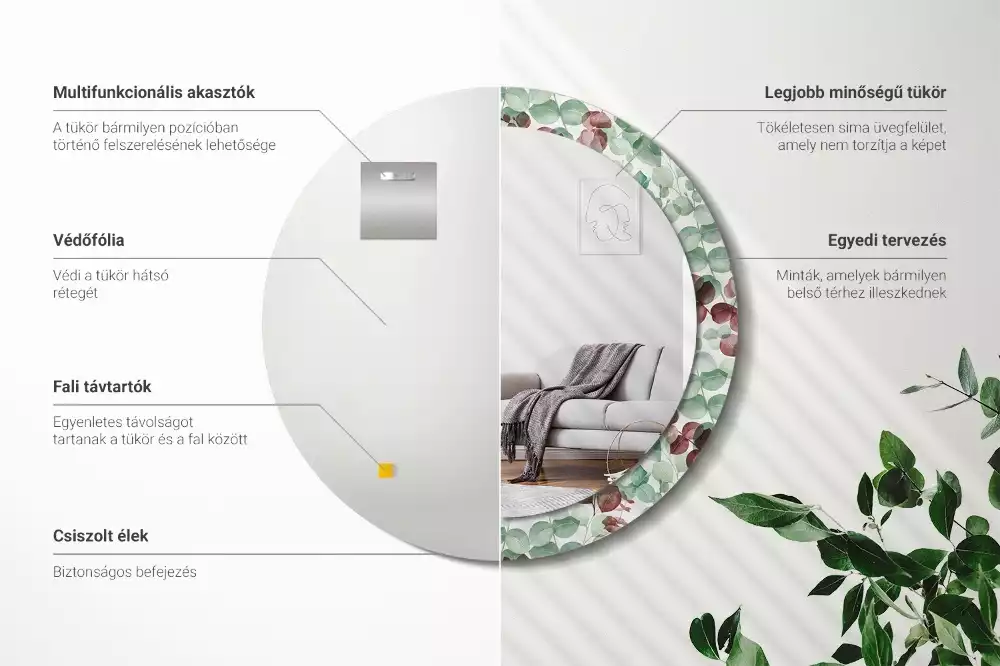 Ronde spiegel met bedrukte lijst Eucalyptus