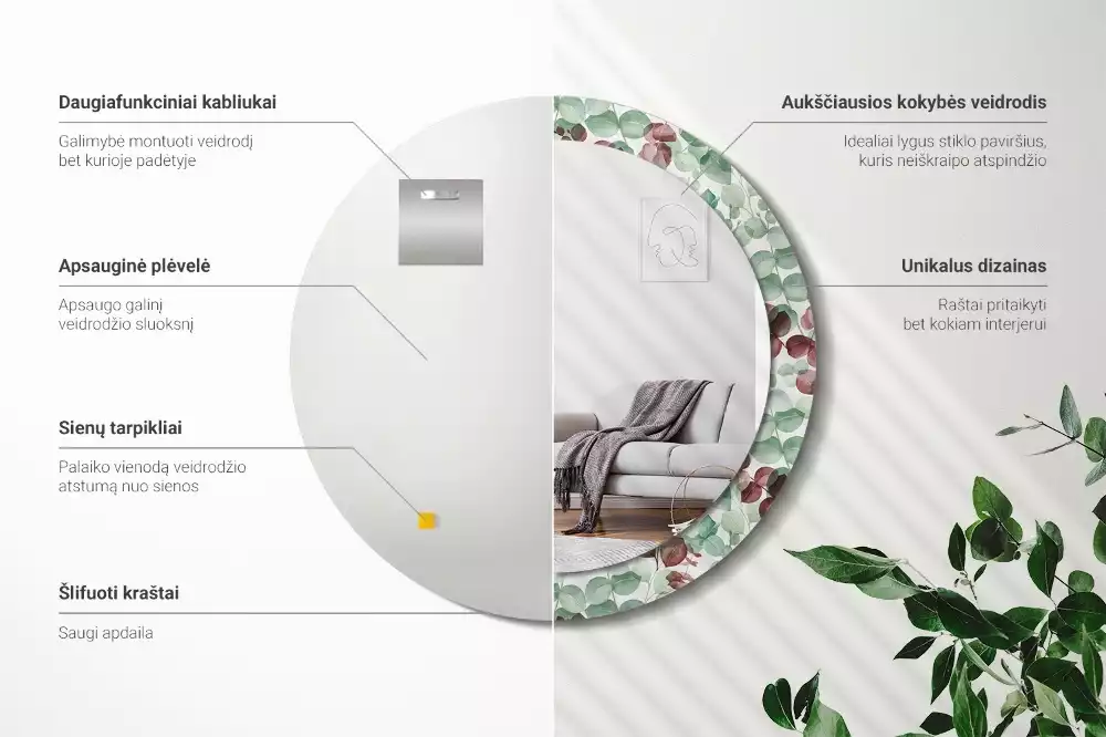 Ronde spiegel met bedrukte lijst Eucalyptus