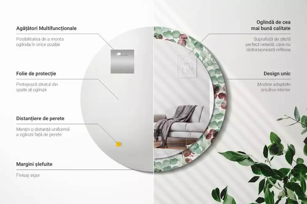 Ronde spiegel met bedrukte lijst Eucalyptus