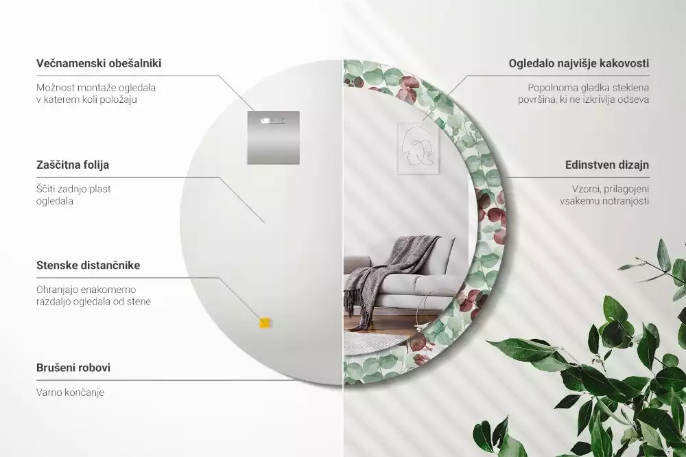 Ronde spiegel met bedrukte lijst Eucalyptus