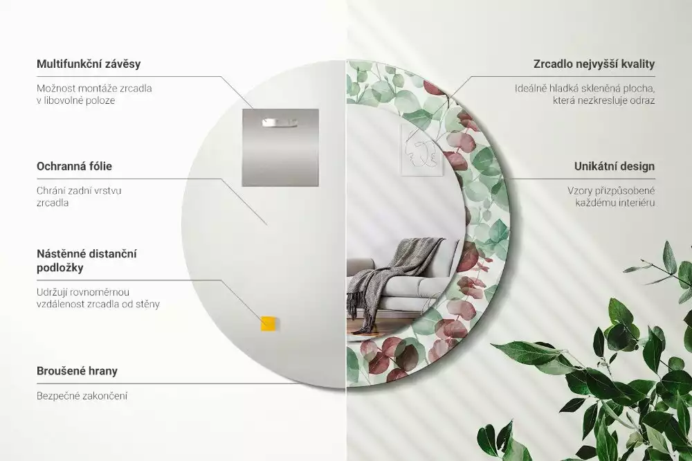 Ronde spiegel met bedrukte lijst Eucalyptus