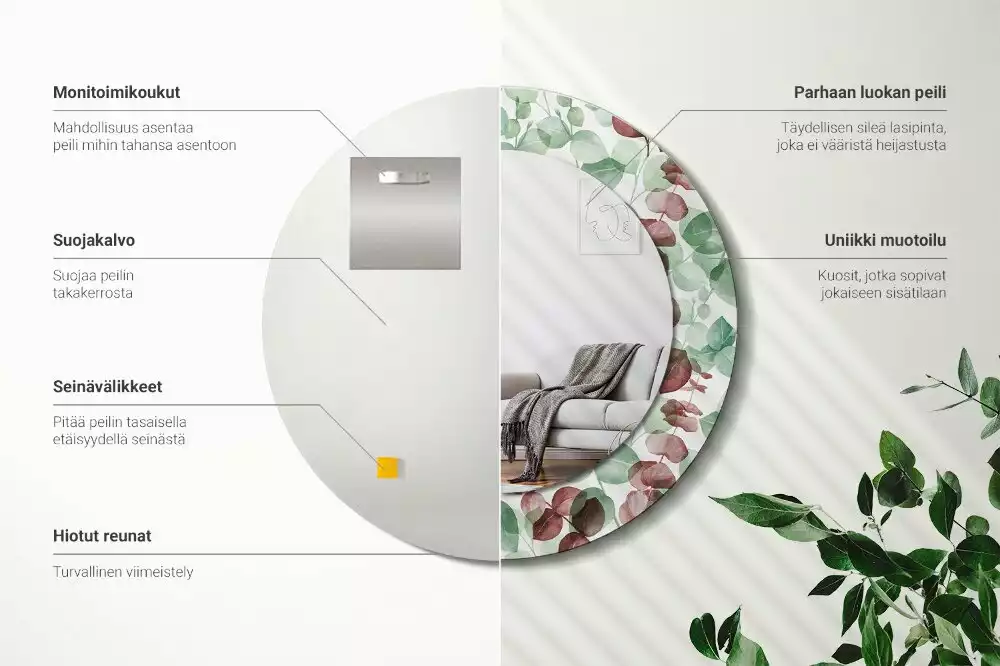 Ronde spiegel met bedrukte lijst Eucalyptus