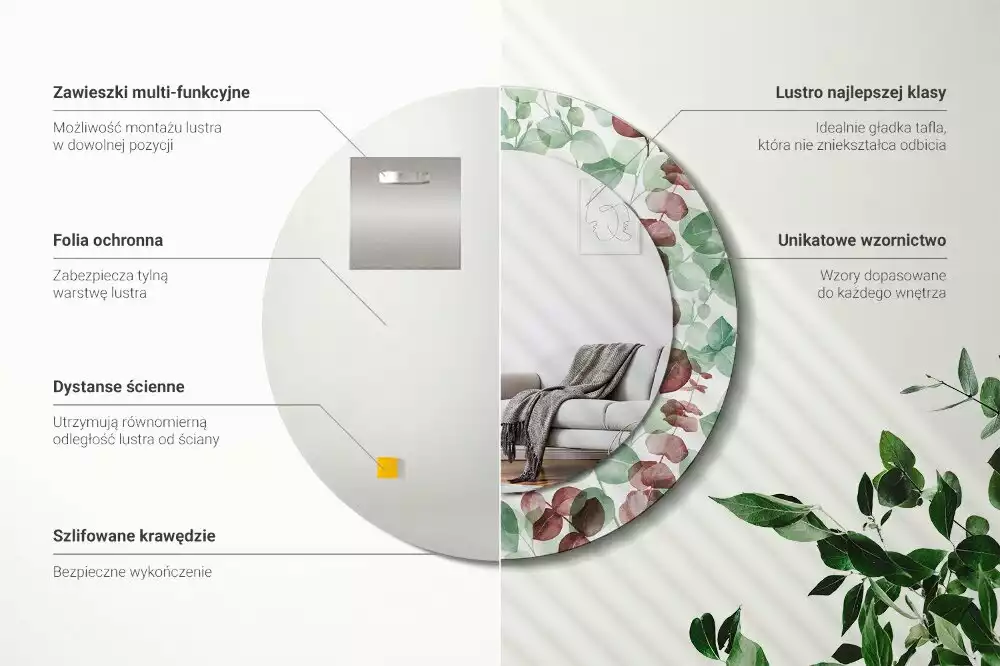 Ronde spiegel met bedrukte lijst Eucalyptus