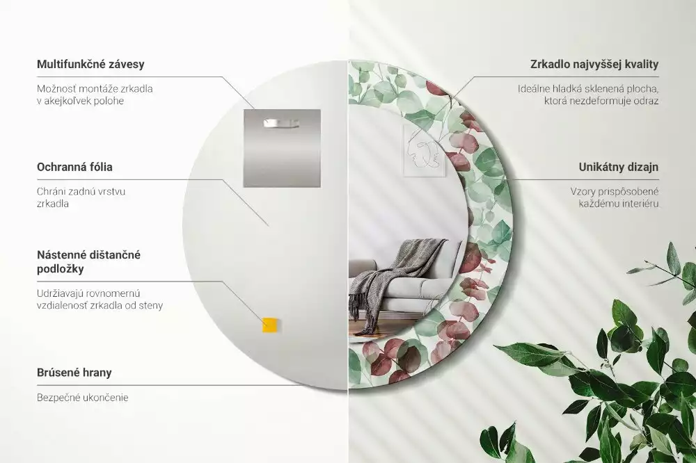 Ronde spiegel met bedrukte lijst Eucalyptus