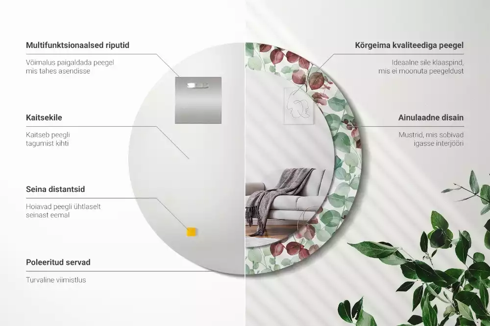 Ronde spiegel met bedrukte lijst Eucalyptus