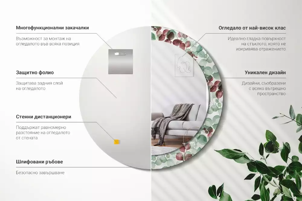 Ronde spiegel met bedrukte lijst Eucalyptus