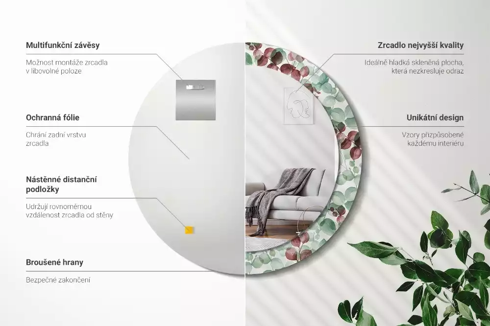 Ronde spiegel met bedrukte lijst Eucalyptus