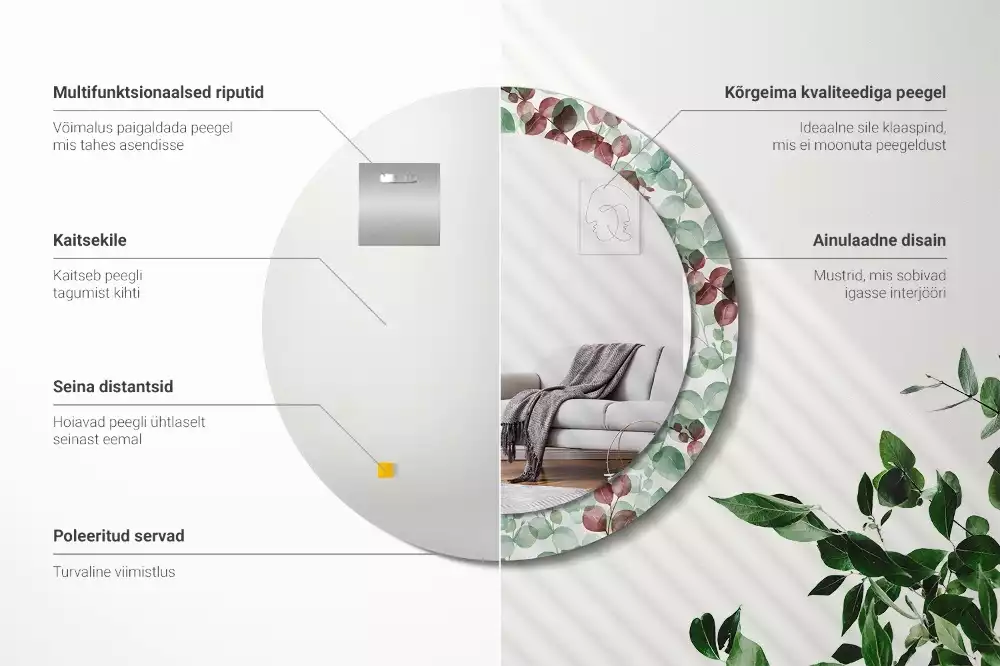 Ronde spiegel met bedrukte lijst Eucalyptus