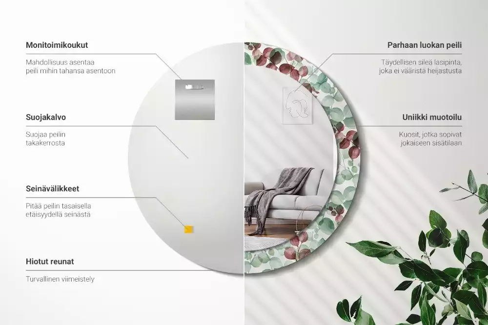 Ronde spiegel met bedrukte lijst Eucalyptus