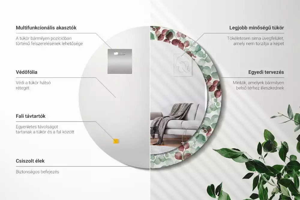 Ronde spiegel met bedrukte lijst Eucalyptus