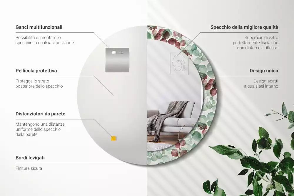 Ronde spiegel met bedrukte lijst Eucalyptus
